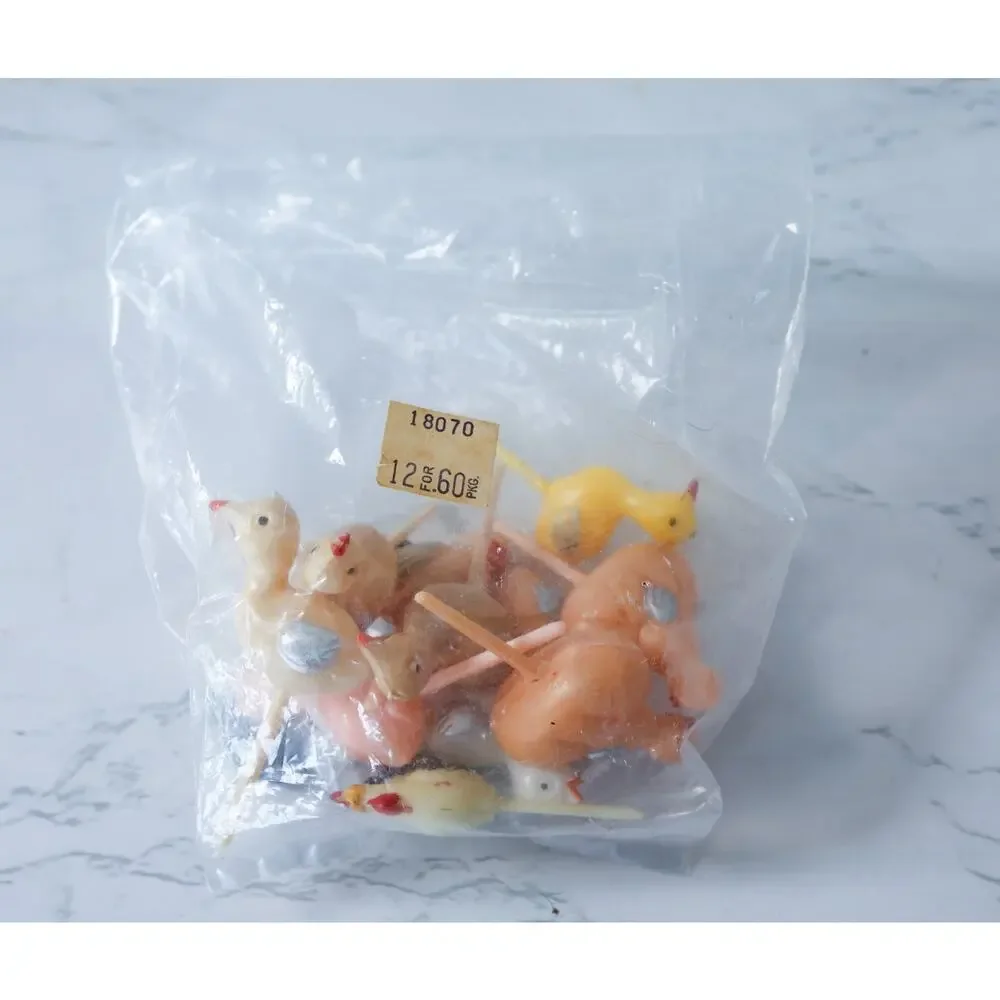 VTG Set of 12 Chicken Hen Cake Toppers Retro MCM Farm Easter Cupcake Picks Decor